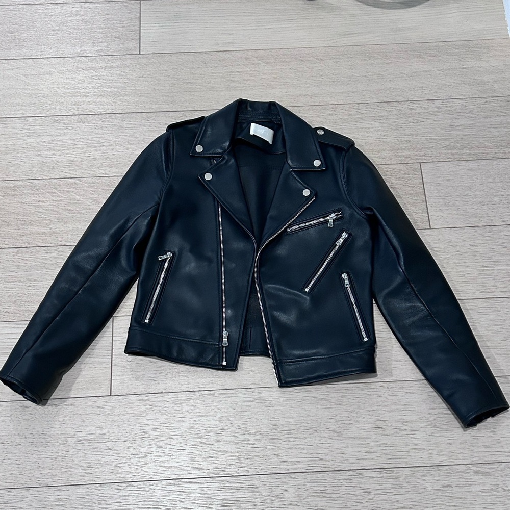 NWOT 7 for All Mankind Classic Black Leather Moto Jacket for Women Size Small